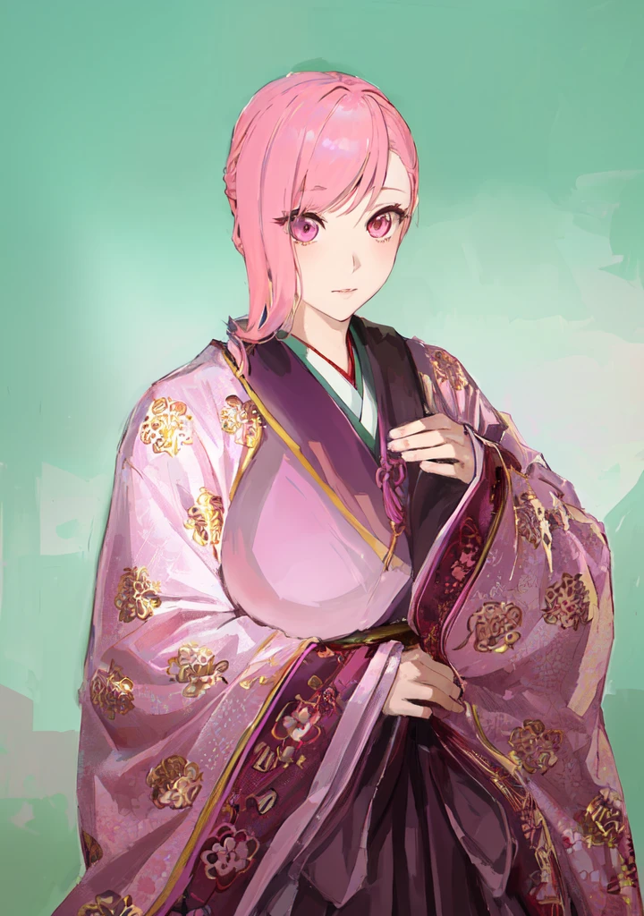 Pink Hair、Anime girl in purple dress，, Sakura Haruno, ((Wearing noble robes)), Goto Indian Summer,Produced in collaboration with Anime Painter Studio, Inspired by Nishikawa Sukenobu, Glorious Makami, inspired by Eizan Kikukawa, Wearing Kimono, Yaoi Haruma, Wearing Kimono，big ，huge ，sex body，Three Kingdoms，Dynasty Warriors，Chinese style，Hanfu，Huge Breasts，Pink Eyes，Pink Hair，A bit sinister look，Cunning girl，fate Miyamoto Musashi