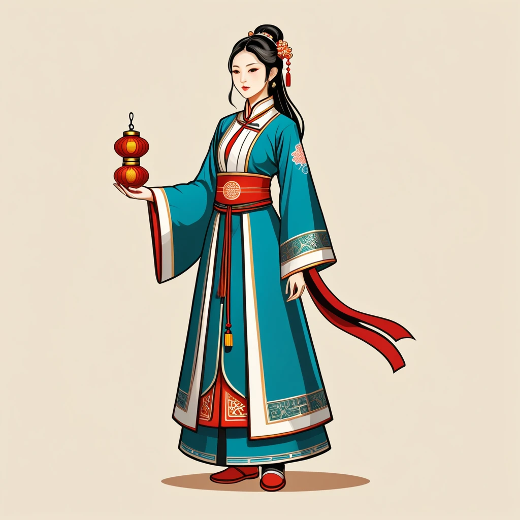 female cleric in chinese folk outfit, vector graphics, strong contours, logo design