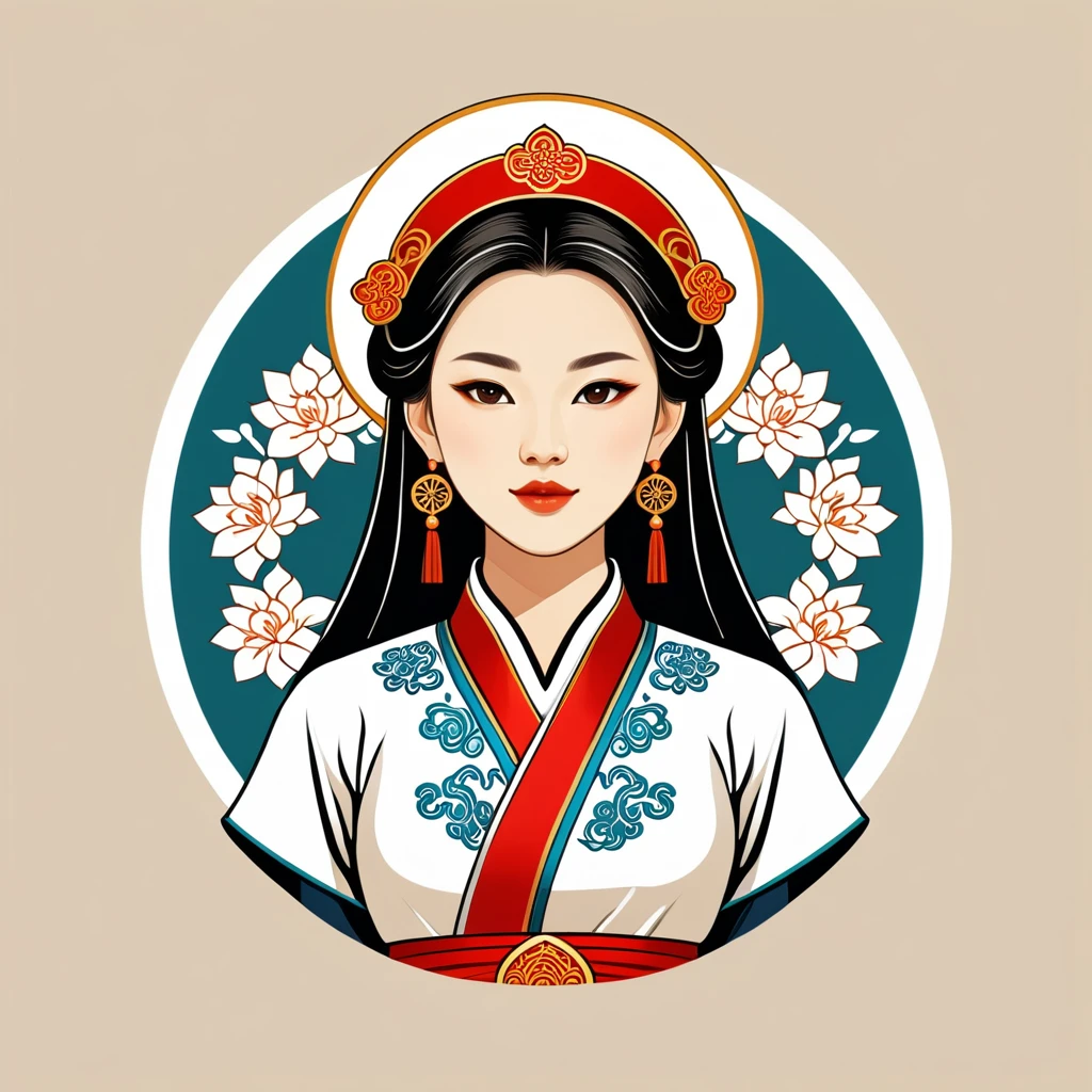 female cleric in chinese folk outfit, vector graphics, strong contours, logo design
