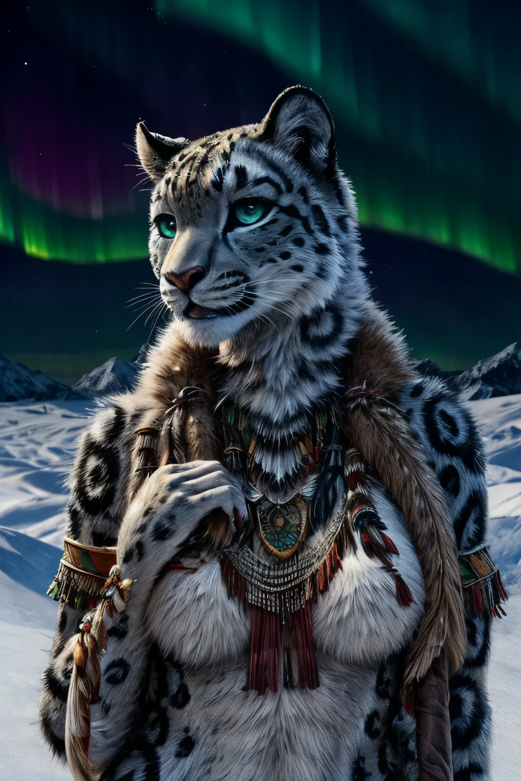 Snow Leopard, Humanity, furry, woman, woman, fur, detailed fur masterpiece, Highest quality, Digital Art, (Realistic:0.3), comics, Fine Lines, High resolution, Visually stunning (Detailed lighting, Depth of written boundary:0.9), Detailed Color, Vibrant colors, perfect hands, Fine hand (beautiful, cute, fluffy:1.2), Detailed body, Perfect breasts, One girl, alone,Whole,Smiling outdoors, nature, Tribal accessories, Tribal costume, Colorful aurora in the sky, Night