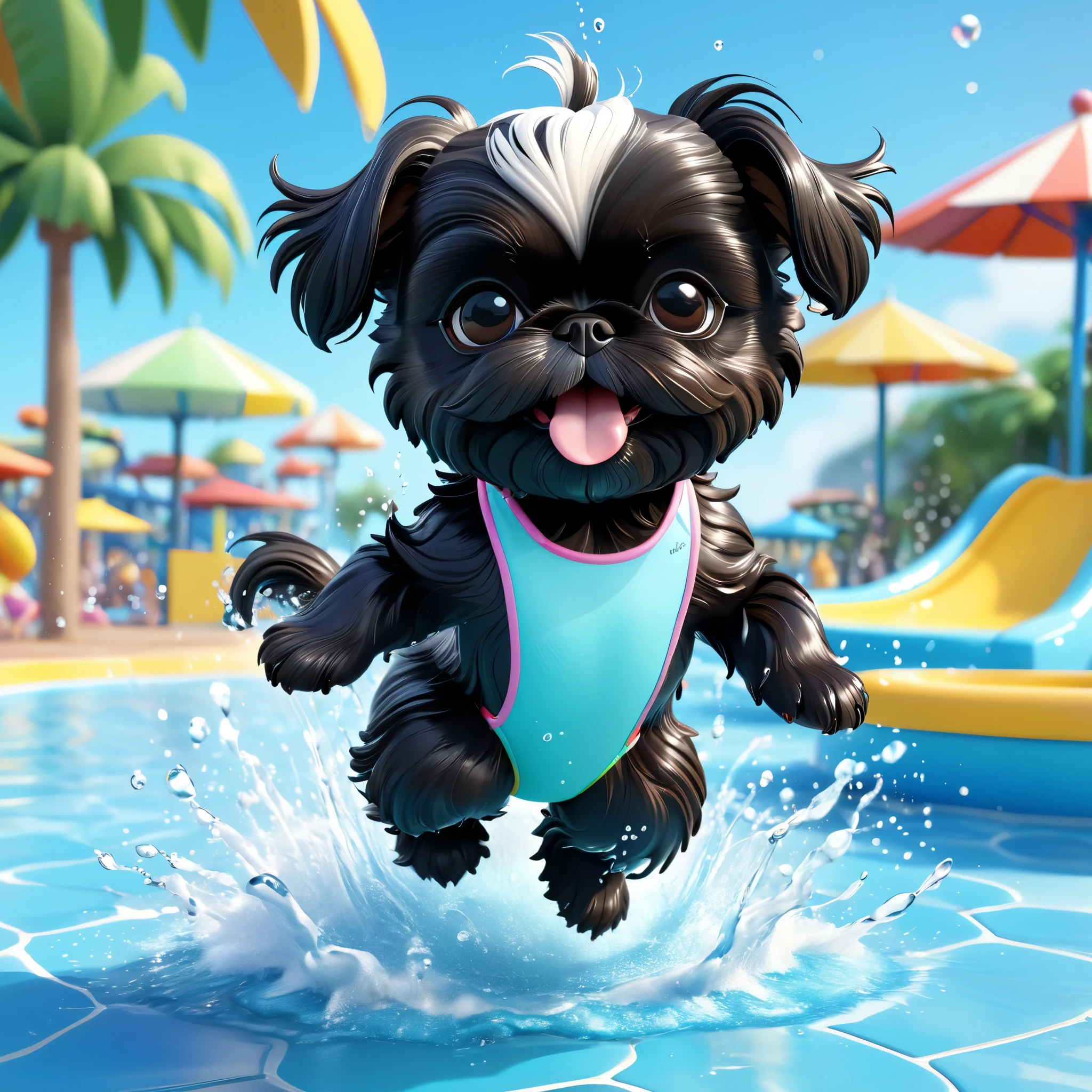 2 adorable small black shih tzu puppies, white bathing suits, sunglasses, water park, 3d cartoon, 3d render, disney pixar style, cute, playful, splashing water, vibrant colors, dynamic poses, wet fur, whimsical, highly detailed, masterpiece, photorealistic, 8k