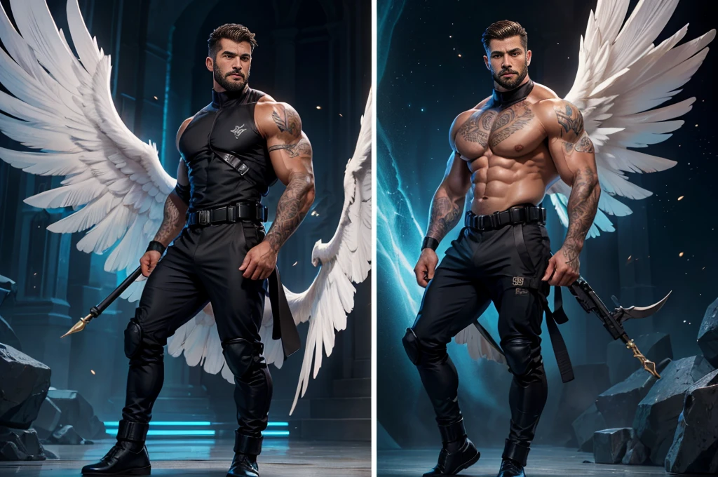 "Introducing our captivating protagonist., a handsome Latin Lover with irresistible features and a masculine expression. Her tanned skin perfectly complements her intense blue eyes.., that seem to contain a world of mystery. But what really sets him apart are the magnificent wings that sprout from his back.., two anatomically accurate and pristine white wings of an angel. With a physique that exudes strength and shape, Our protagonist sports a medium length hairstyle, black-brown and a well-trimmed beard.. He is dressed in elegant black military clothing., a tactical suit that not only enhances his physique but also provides him with the agility and versatility necessary for his heroic efforts.. Every inch of your body is a work of art., adorned with a full body tattoo that shows your unique story and reflects your inner strength. it's tattoos, painstakingly created with anatomical precision, It is a testament to your resilience and determination... Against the backdrop of an urban city., our protagonist stands tall, embodying a feeling of loneliness, hope, and heroism. His posture exudes confidence as he looks into the distance., ready to face any challenge that comes your way. Get ready to embark on an extraordinary journey with our extraordinary protagonist., as you navigate a world that desperately needs your courage and compassion.. Get ready for an exciting action-packed adventure., romance, and the triumph of the human spirit.