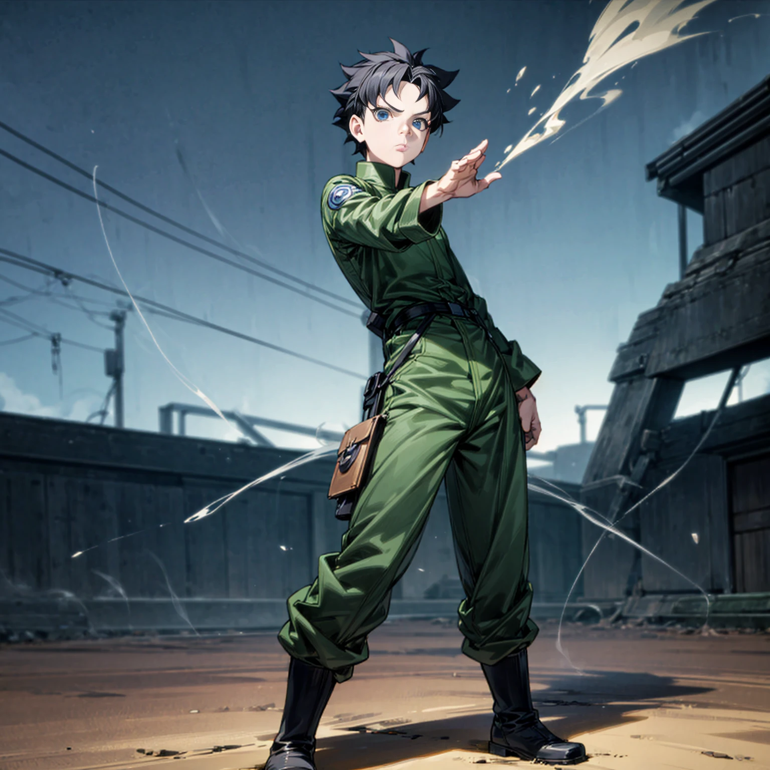1boy, Full body version, 1character, blue eyes, short haircut, black color hair, soldier style outfit, boots, Grassroots, full background in city street, motion blur, (Hunter x Hunter style art), standing gesture, smoke on two hand
