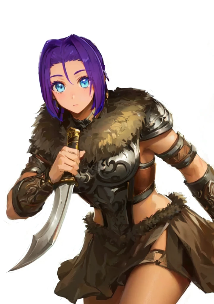 A man in brown clothes、Holding a sword、Purple hair woman, She holds a sword, Natalie in epic battle fantasy, Armor Girl, A very beautiful berserker woman, Wearing dark purple armor, Wearing fur armor, Wearing a shining breastplate, wearing intricate fur armor, female barbarian, Northern adult female warrior, Savage Female Portrait,Blue Eyes,Three Kingdoms,Dynasty Warriors,big ,sex body,Brown skin,cute,Loli,Petite girl