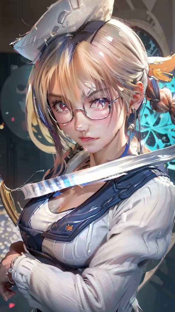 a close up of a woman with a sword and a white sailor hat, a character portrait inspired by Li Shida, pixiv contest winner, extremely detailed artgerm, artgerm. high detail, using eye glasses, white sailor suit with blue collar, no bra