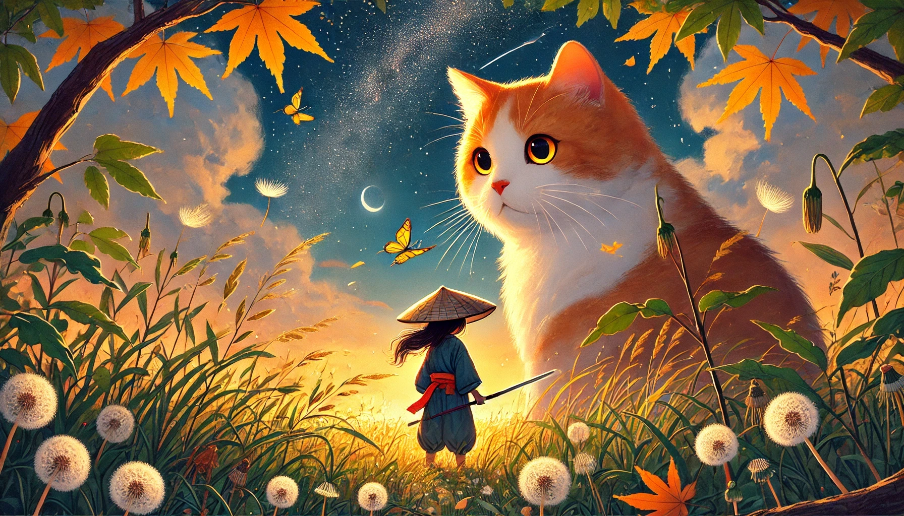 D3 ?，巨大的黑猫，宁静的自然，互动的姿势，郁郁葱葱的绿色，温暖的阳光，中国传统的插画风格