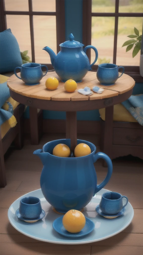 broken blue tea set with yellow balls