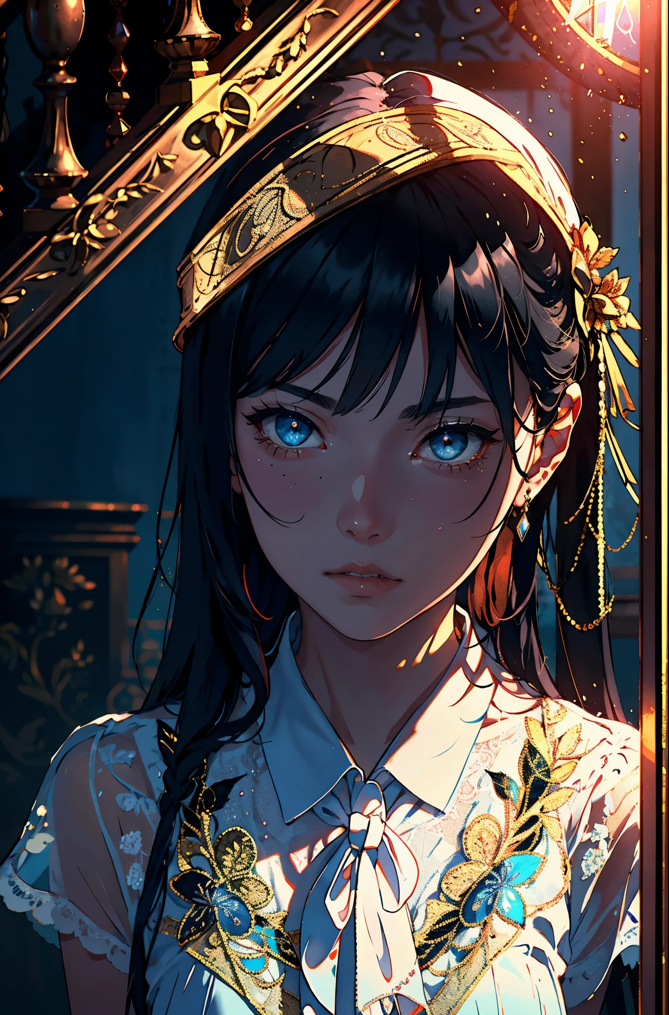 visual impact, Ultra-realistic 8k CG, masterpiece, ((ultra-detailed background, delicate pattern, intricate details)), best quality, very detailed face, extremely detailed eyes and face, extremely detailed eyes, The pitch black basement, 1girl, beg for mercy, solo, black hair, long hair, light blue eyesA fearful expression, Poor eyes, looking at viewer, Damaged clothes, Dynamic characters, white gown, cage, chiaroscuro,
