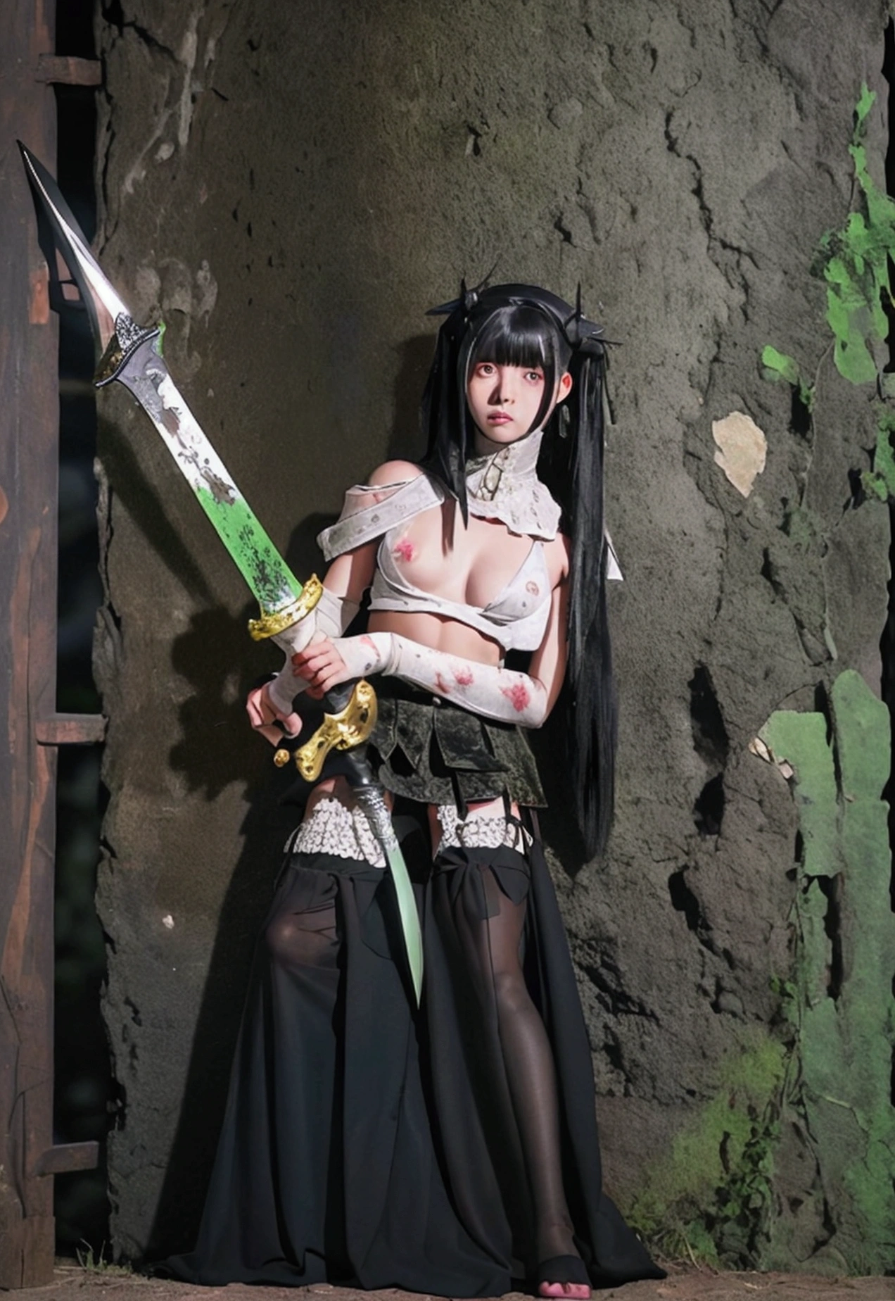 nsfw, masterpiece, best quality, ultra detailed, , a girl, swordsman, sword in hand, covered in wounds, {bloodstained}, {bandages}, gothic Lolita fashi twin-tailed green and black hair, {tattered clothes}, medieval European battlefield, running, in battle, sprint, with a castle, surrounded by stars and a meteor shower, at night ,afterimage, full body, symmetrical structure of top and bottom