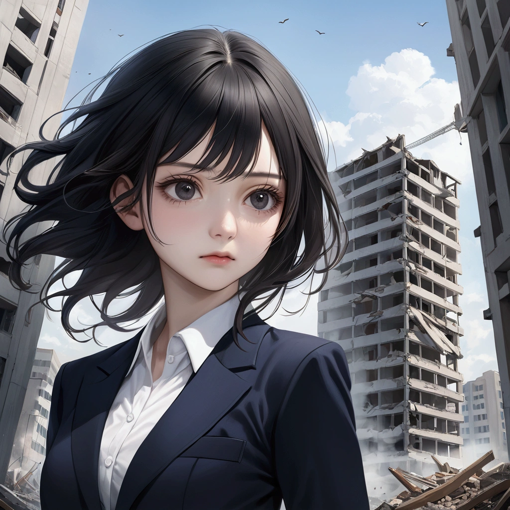 cute woman, bigger than a building,destroy the building , No expression, 7:3 parting, semi-long, black hair, black eyes, Navy suit, white shirt, ,blue sky , realistic
