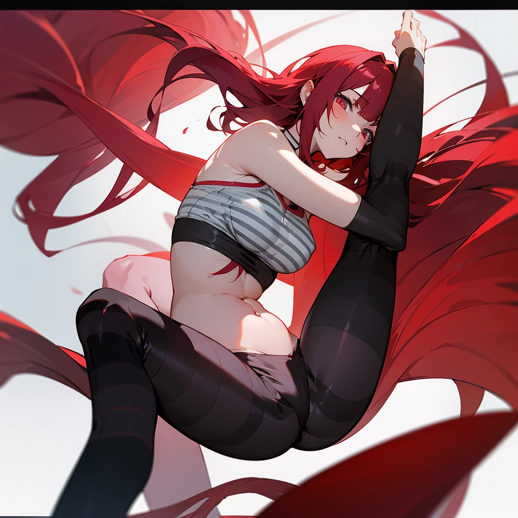 Crimson-haired anime demon girl wearing black and white striped leggings and a bikini, she is doing yoga and releasing a red fart