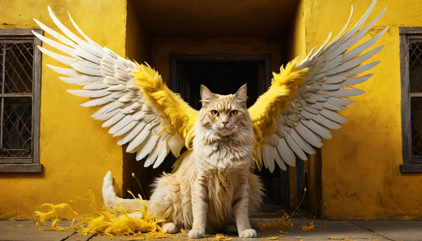 Engulfed BY yellow, a giant winged cat, infront of a miniature building, detailed feline anatomy, intricate feathered wings, majestic and powerful, realistic fur textures, intense eye contact, dynamic pose, cinematic lighting, dramatic chiaroscuro, muted color palette, highly detailed, photorealistic, award-winning digital art