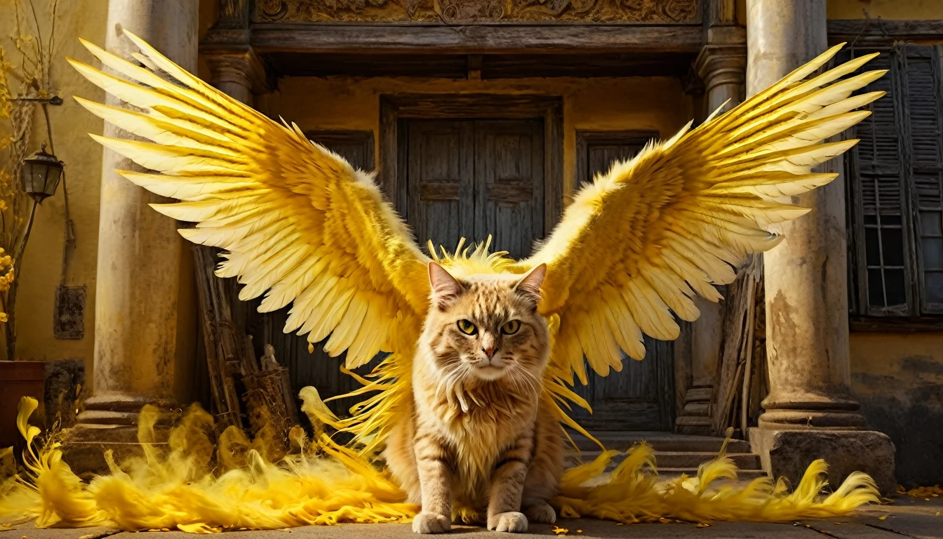 Engulfed BY yellow, a giant winged cat, infront of a miniature building, detailed feline anatomy, intricate feathered wings, majestic and powerful, realistic fur textures, intense eye contact, dynamic pose, cinematic lighting, dramatic chiaroscuro, muted color palette, highly detailed, photorealistic, award-winning digital art