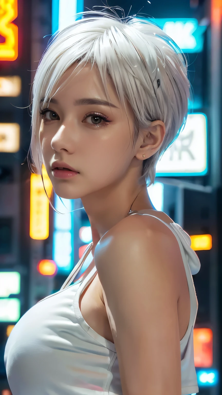 masterpiece, Highest quality, Very detailed, 8k, Realistic, One Girl, alone, Tomboy, Very detailed face, (head shot:1.5), Cyberpunk neon cityscape,Pixie cut white hair, She is wearing a short neon tank top and an open hoodie....,I can see your chest,Nice ass,Wear a New Era cap