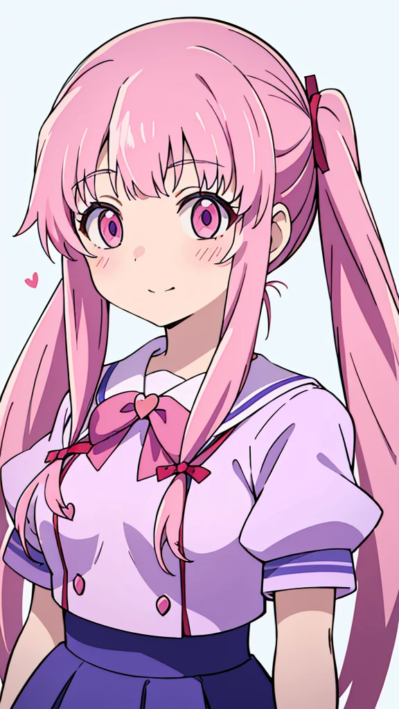 masterpiece, pink eyes with heart pink love, Very detailed、(One Girl:1), purple sailor uniform,red ribbon,purple shirt, pink simple straight long hair with straight bangs twintails, Big eyes、Close-up、Laughter、(((Anime Style)))、Shining Eyes、Open your mouth、smug face、front、whole body, selfie close up while posing peace
