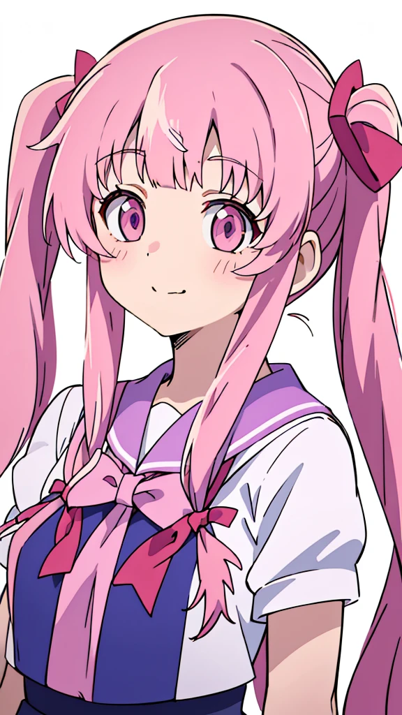 masterpiece, pink eyes with heart pink love, Very detailed、(One Girl:1), purple sailor uniform,red ribbon,purple shirt, pink simple straight long hair with straight bangs twintails,  Big eyes、Close-up、Laughter、(((Anime Style)))、Shining Eyes、Open your mouth、smug face、front、whole body, selfie close up while posing peace