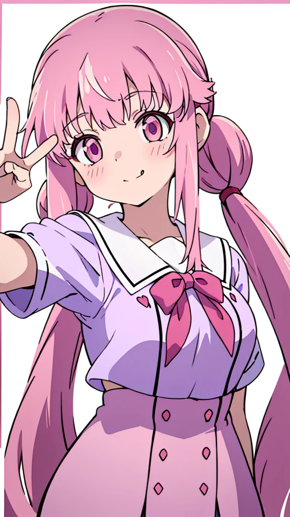 masterpiece, pink eyes with heart pink love, Very detailed、(One Girl:1), purple sailor uniform,red ribbon,purple shirt, pink simple straight long hair with straight bangs twintails,  Big eyes、Close-up、Laughter、(((Anime Style)))、Shining Eyes、Open your mouth、smug face、front、whole body, selfie close up while posing peace