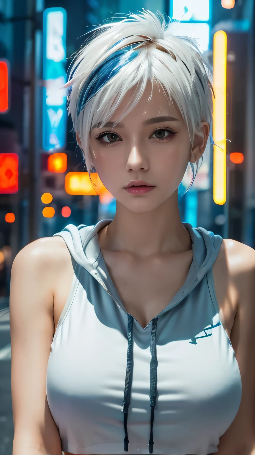 masterpiece, Highest quality, Very detailed, 8k, Realistic, One Girl, alone, Tomboy, Very detailed face, (head shot:1.5), Cyberpunk neon cityscape,Pixie cut white hair, She is wearing a short neon tank top and an open hoodie....,I can see your chest,Nice ass,Wear a New Era cap