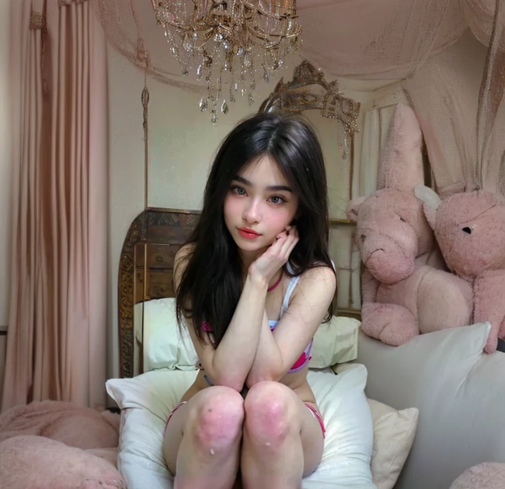 Give me the decorated room of an 18 year old girl. Beautiful, luxurious details, and pastel colors, also stuffed animals around