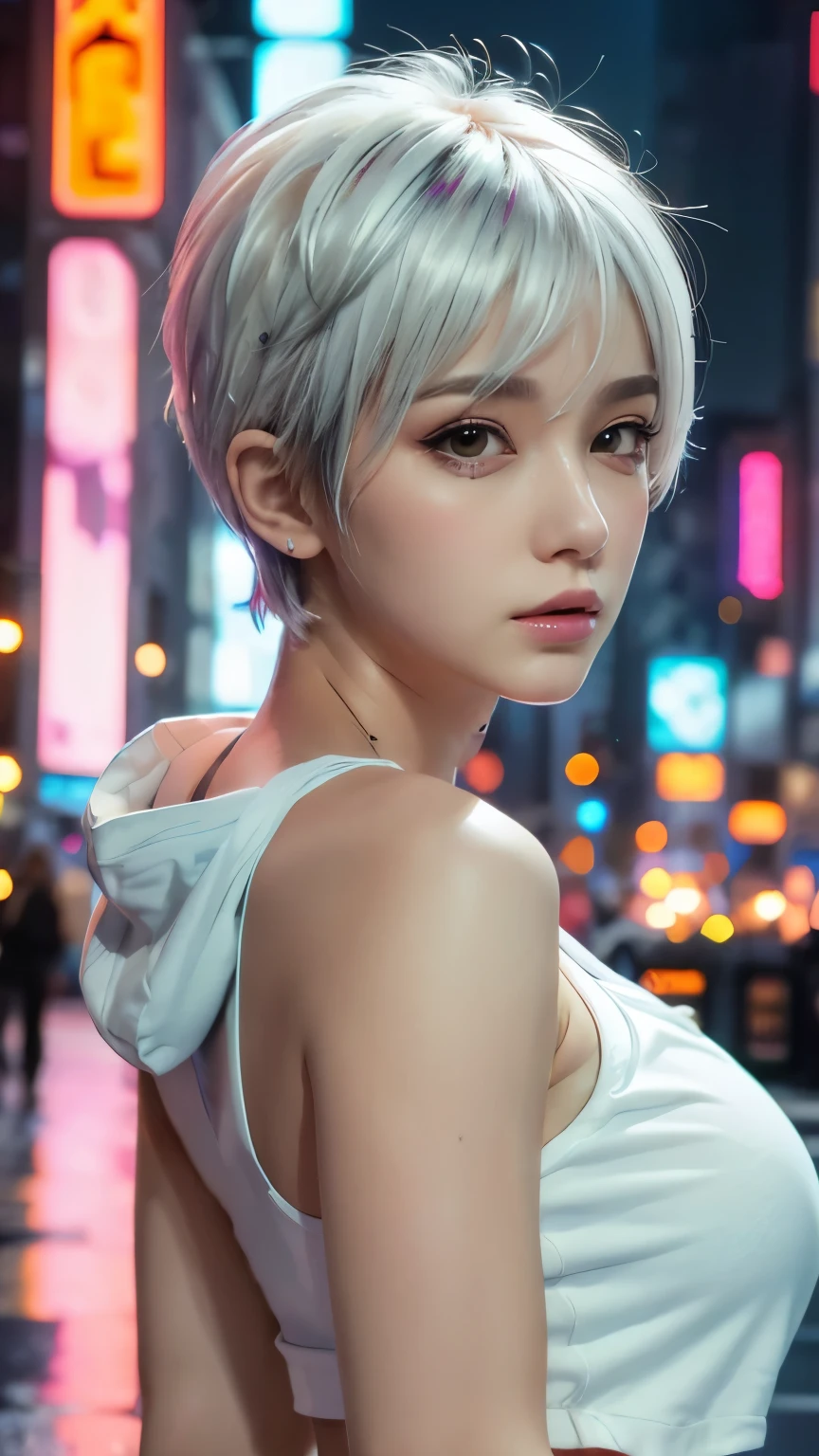 masterpiece, Highest quality, Very detailed, 8k, Realistic, One Girl, alone, Tomboy, Very detailed face, (head shot:1.5), Cyberpunk neon cityscape,Pixie cut white hair, She is wearing a short neon tank top and an open hoodie....,I can see your chest,Nice ass,Wear a New Era cap