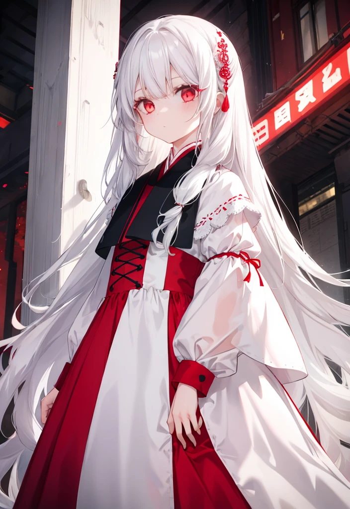 A girl with long white hair and red eyes wearing cute dress (mature girl),