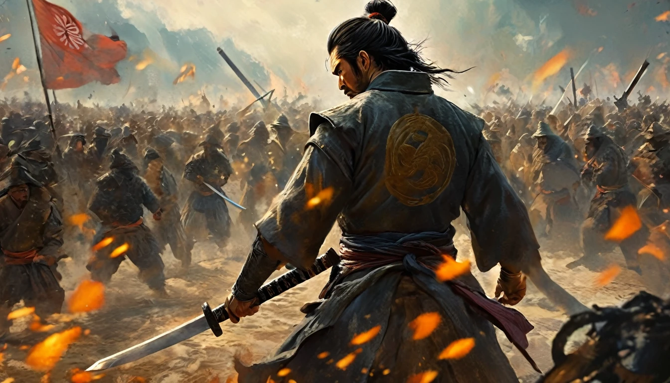 A samurai standing showing his back holding sword in his hand and the background is full of Chaos and war and people fighting, the atmosphere is tensed cinematic and give the tone orange