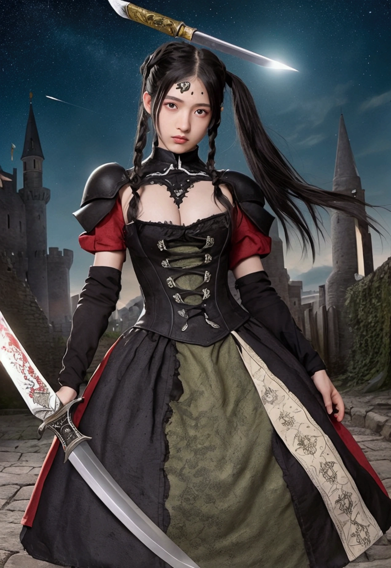 nsfw, masterpiece, best quality, ultra detailed, , a girl, swordsman, sword in hand, covered in wounds, {bloodstained}, {bandages}, gothic Lolita fashi twin-tailed green and black hair, {tattered clothes}, medieval European battlefield, running, in battle, sprint, with a castle, surrounded by stars and a meteor shower, at night ,afterimage, full body, symmetrical structure of top and bottom