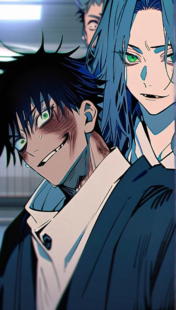 Captura de pantalla de jujutsu kaisen. Jujutsu Kaisen anime.
19 year old boy, clear skin, Jujutsu Kaisen, green eyes, navy blue hair with white tips, medium hair "long" above men, flirty face, cursed aura, Jujutsu Kaisen, anime