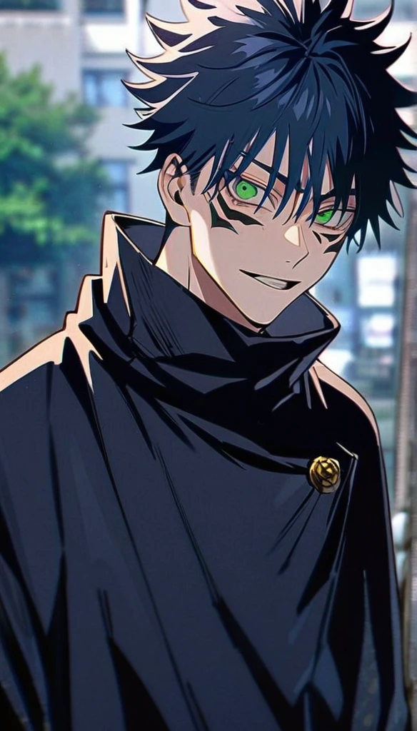 Captura de pantalla de jujutsu kaisen. Jujutsu Kaisen anime.
19 year old boy, clear skin, Jujutsu Kaisen, green eyes, navy blue hair with white tips, medium hair "long" above men, flirty face, cursed aura, Jujutsu Kaisen, anime