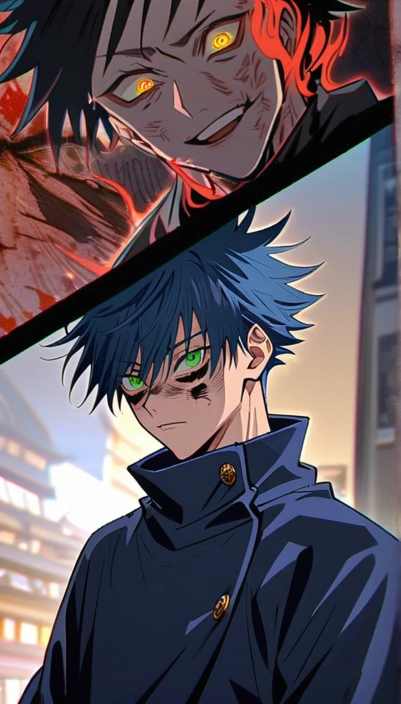 Captura de pantalla de jujutsu kaisen. Jujutsu Kaisen anime.
19 year old boy, clear skin, Jujutsu Kaisen, green eyes, navy blue hair with white tips, medium hair "long" above men, flirty face, cursed aura, Jujutsu Kaisen, anime