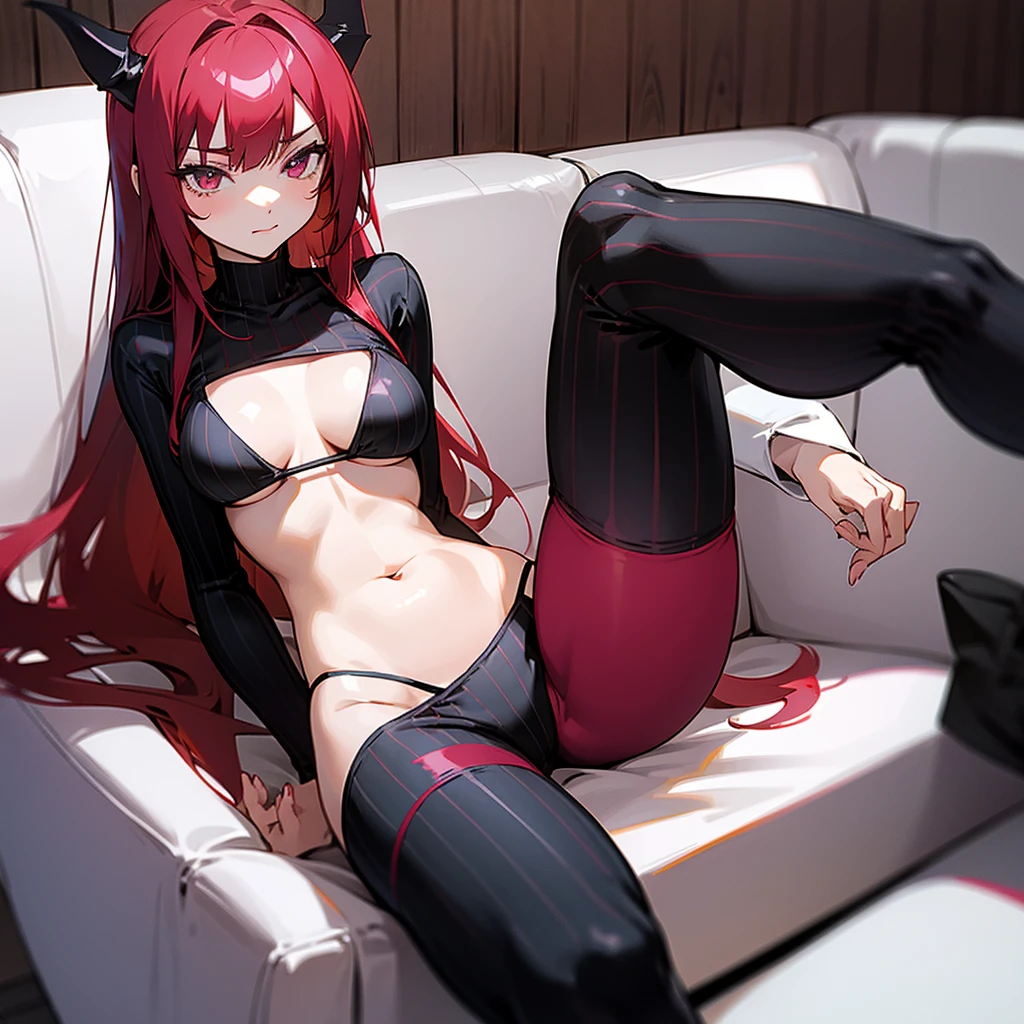 Crimson-haired anime demon girl wearing black and white striped leggings and a bikini, she is farting on the couch