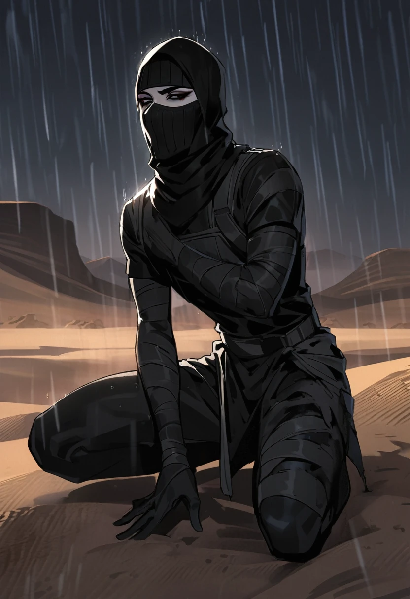 Male arab modern terrorist, terrorist, black balaclava, black bandage, black clothes, thin waist, femboy, light skin, makeup, black eyeliner, big eyelashes, black eyeshadow, choker, kneeling, desert, night, rain