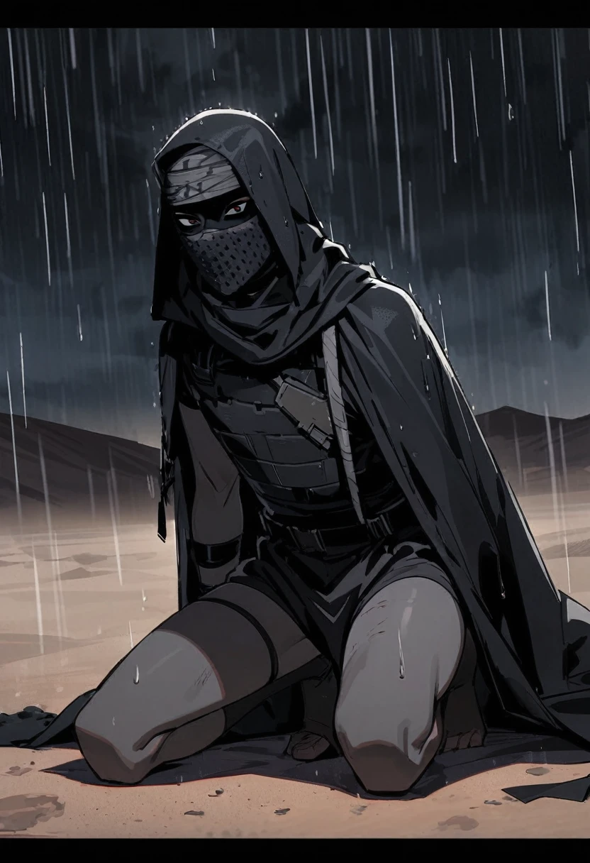 Male arab modern terrorist, terrorist, black balaclava, black bandage, black clothes, thin waist, femboy, light skin, makeup, black eyeliner, big eyelashes, black eyeshadow, choker, kneeling, desert, night, rain