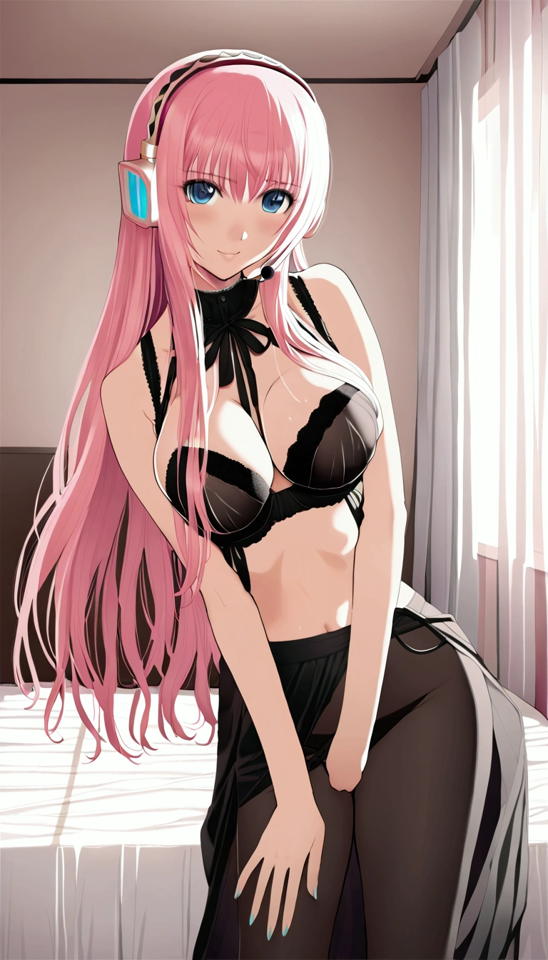 masterpiece,Beautiful adult woman ,Megurine Luka,E cup breasts,Pink long hair,blue eyes,headphone,Black sheer bra,Black see-through pants,smile,front,Bedroom,