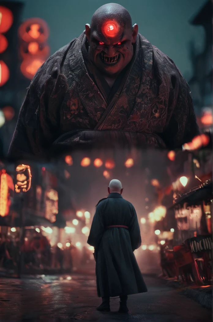 Steampunk night city、Red moon in the sky、Brilliant Light、Full Body Shot、Horror-themed movie stills,、A short, big-headed man of about 80 years old, Skinhead、No horns、Head enlargement(Head size 1:9)、(Full body portrait:1.3), Nurarihyon、I'm wearing a kimono, Shallow depth of field, Vignette, Very detailed, High budget, Bokeh, CinemaScope, Sulky, amazing, nice, Film Grain, granular . Creepy, Anxious, dark, Creepyな, Suspenseful, strict, Very detailed