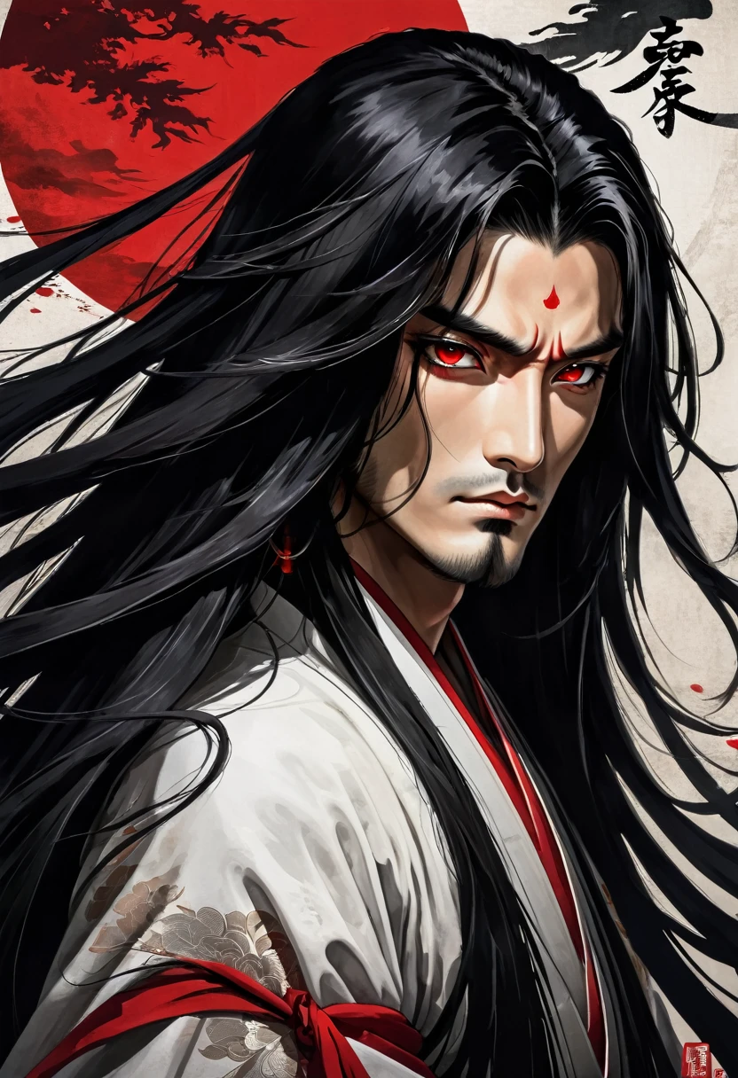 Samurai with long black hair and red eyes