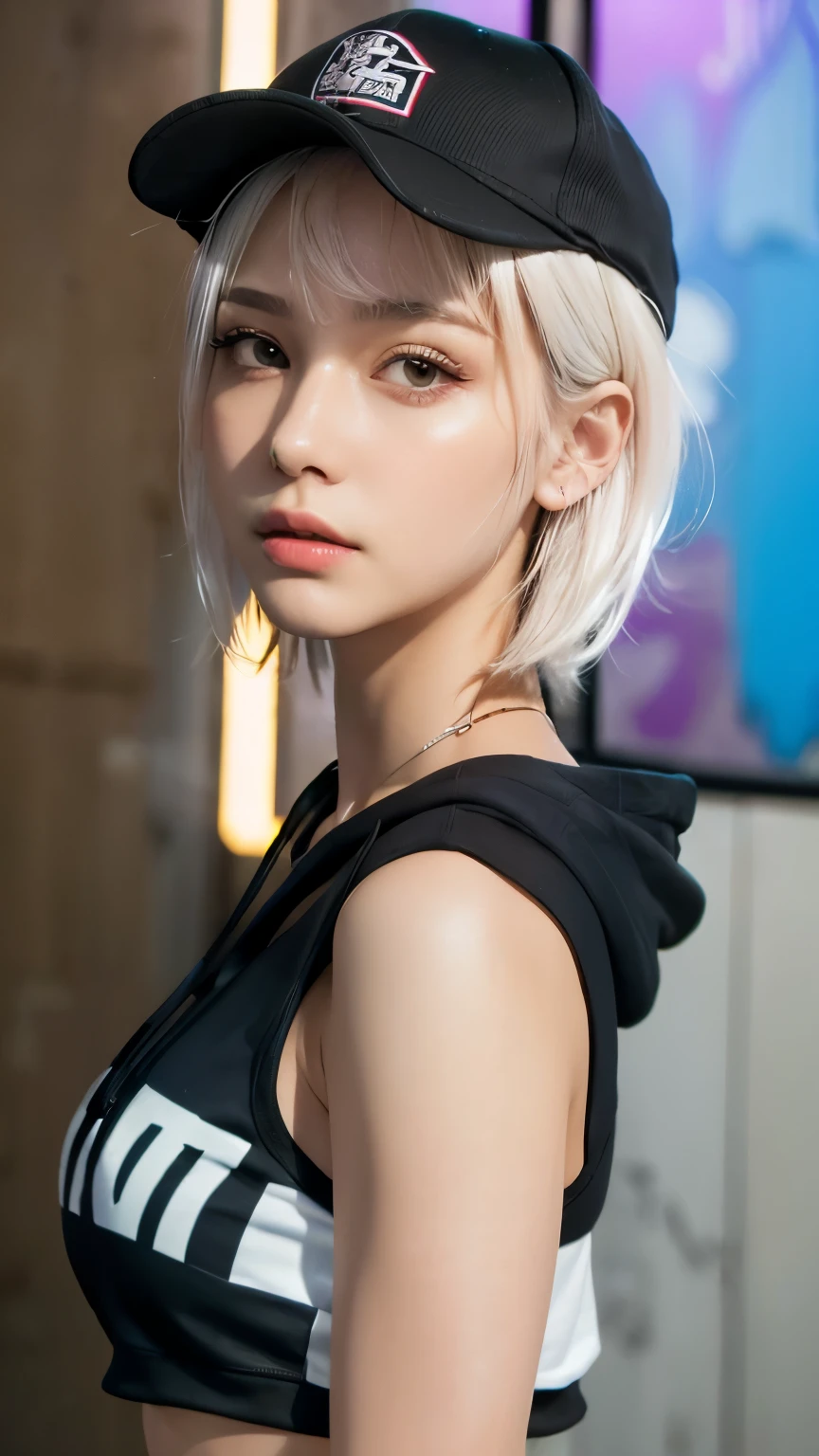 masterpiece, Highest quality, Very detailed, 8k, Realistic, One Girl, alone, Tomboy, Very detailed face, (head shot:1.5), Standing in front of a wall covered in hip hop graffiti, Cyberpunk neon cityscape,Pixie cut white hair, She is wearing a short neon tank top and an open hoodie....,I can see your chest,Nice ass,Wear a New Era cap