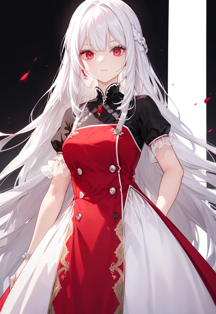 A women with long white hair and red eyes wearing cute dress (mature lady),