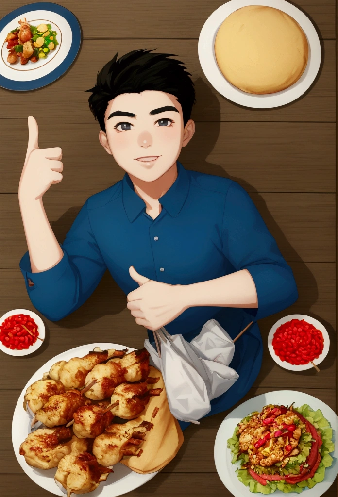 Cartoon Uyghur boy holding a plate of food and giving a thumbs up,Kebabs,bag