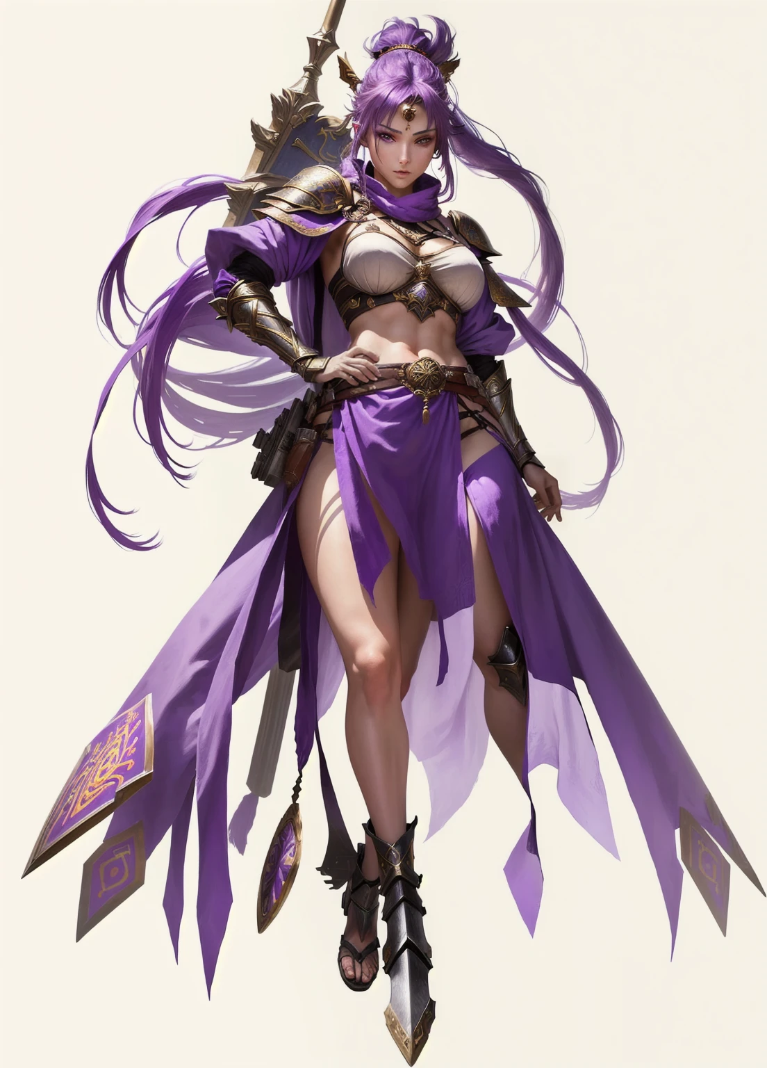 female warrior, sexy, attractive body, pretty face, female priestess knight, purple hair, purple eyes, almond eyes, female warrior,