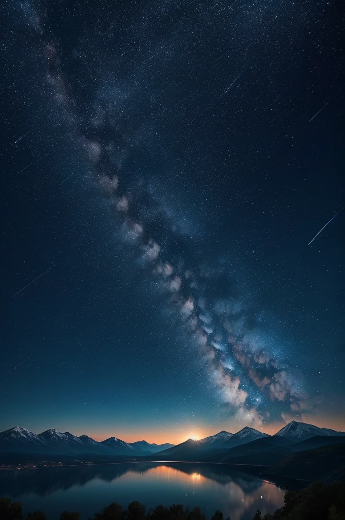 Expansive Sky: Showcase the vastness of the night sky, allowing the stars and shooting stars to occupy a significant portion of the composition., Dynamic Shooting Stars: Capture the movement and energy of the shooting stars as they streak across the sky, creating a sense of motion and wonder., Serene Landscape: Consider adding a tranquil landscape, such as distant mountains or a calm body of water, to enhance the sense of peace and serenity.  