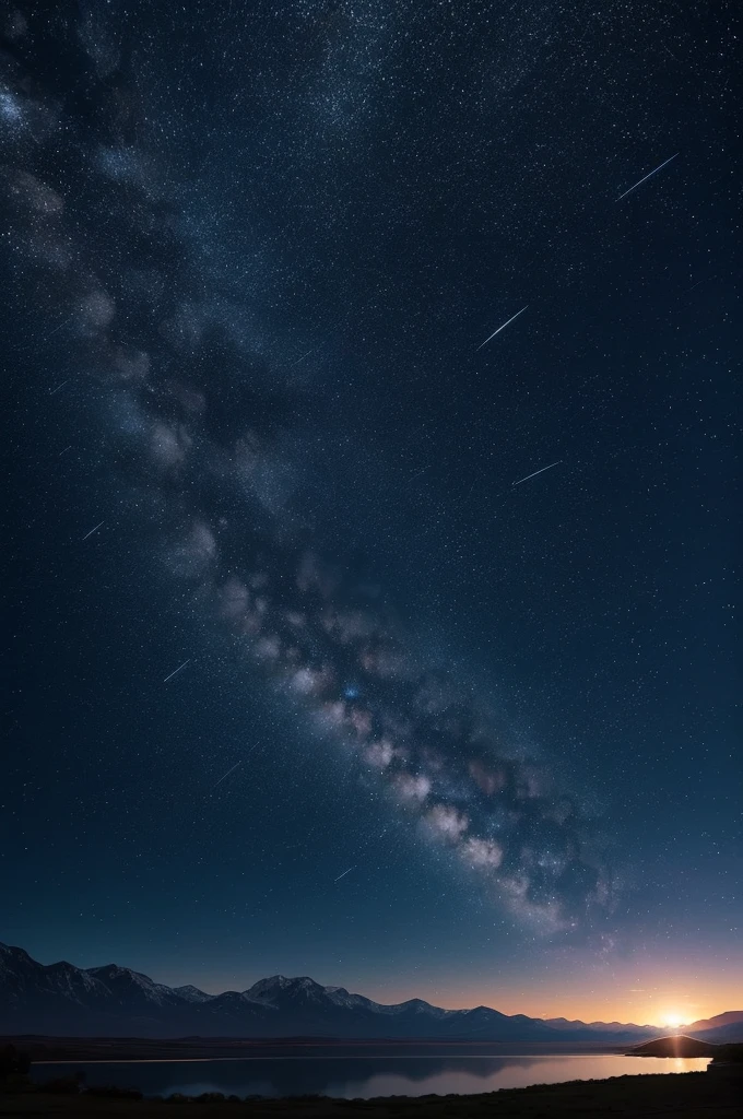 Expansive Sky: Showcase the vastness of the night sky, allowing the stars and shooting stars to occupy a significant portion of the composition., Dynamic Shooting Stars: Capture the movement and energy of the shooting stars as they streak across the sky, creating a sense of motion and wonder., Serene Landscape: Consider adding a tranquil landscape, such as distant mountains or a calm body of water, to enhance the sense of peace and serenity.  