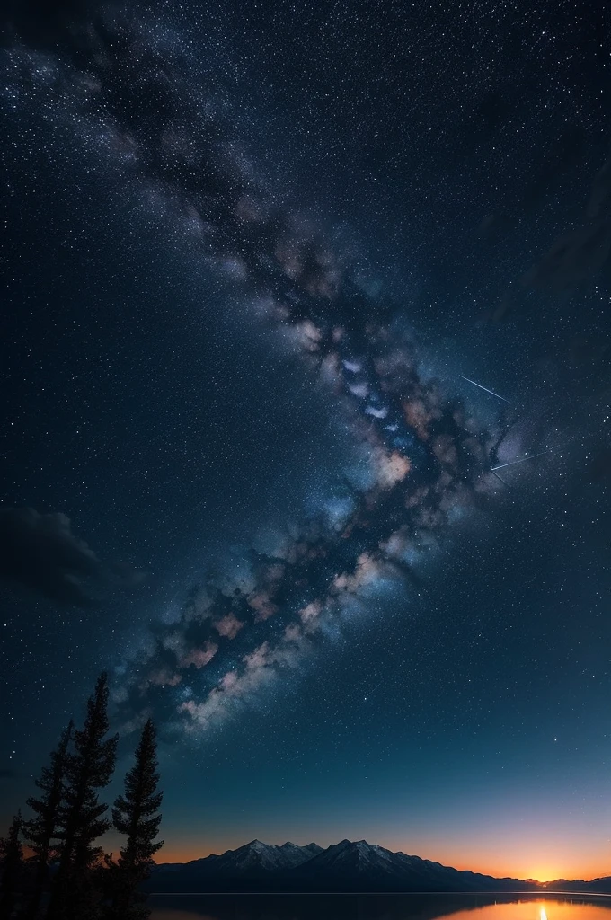 Expansive Sky: Showcase the vastness of the night sky, allowing the stars and shooting stars to occupy a significant portion of the composition., Dynamic Shooting Stars: Capture the movement and energy of the shooting stars as they streak across the sky, creating a sense of motion and wonder., Serene Landscape: Consider adding a tranquil landscape, such as distant mountains or a calm body of water, to enhance the sense of peace and serenity.
