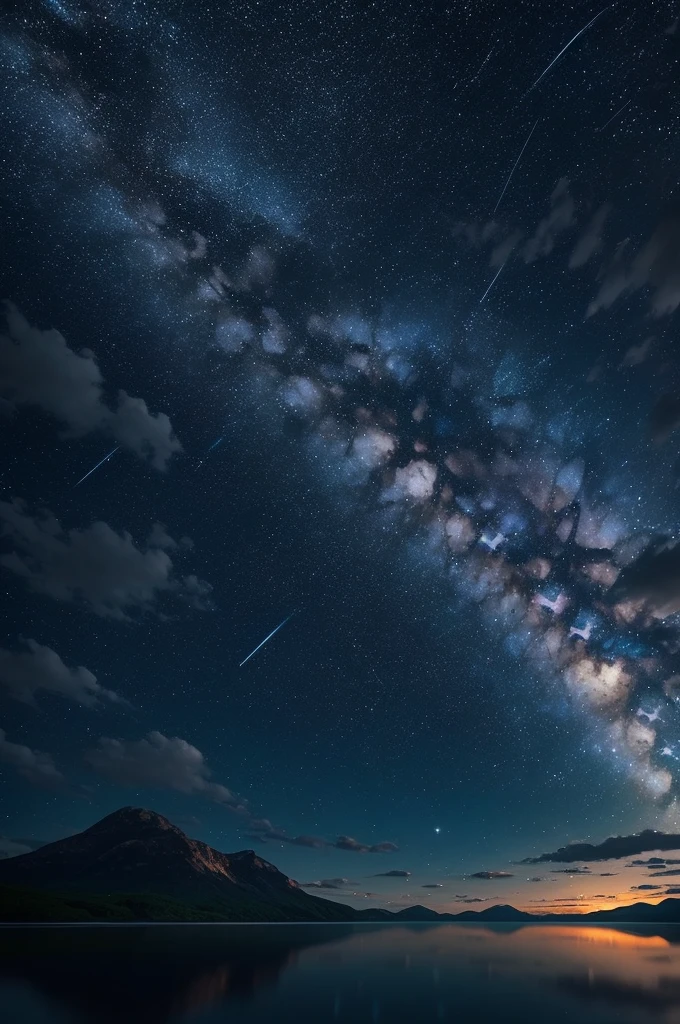 Expansive Sky: Showcase the vastness of the night sky, allowing the stars and shooting stars to occupy a significant portion of the composition., Dynamic Shooting Stars: Capture the movement and energy of the shooting stars as they streak across the sky, creating a sense of motion and wonder., Serene Landscape: Consider adding a tranquil landscape, such as distant mountains or a calm body of water, to enhance the sense of peace and serenity.  