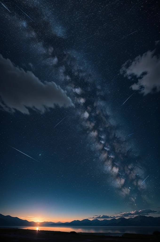 Expansive Sky: Showcase the vastness of the night sky, allowing the stars and shooting stars to occupy a significant portion of the composition., Dynamic Shooting Stars: Capture the movement and energy of the shooting stars as they streak across the sky, creating a sense of motion and wonder., Serene Landscape: Consider adding a tranquil landscape, such as distant mountains or a calm body of water, to enhance the sense of peace and serenity.  
