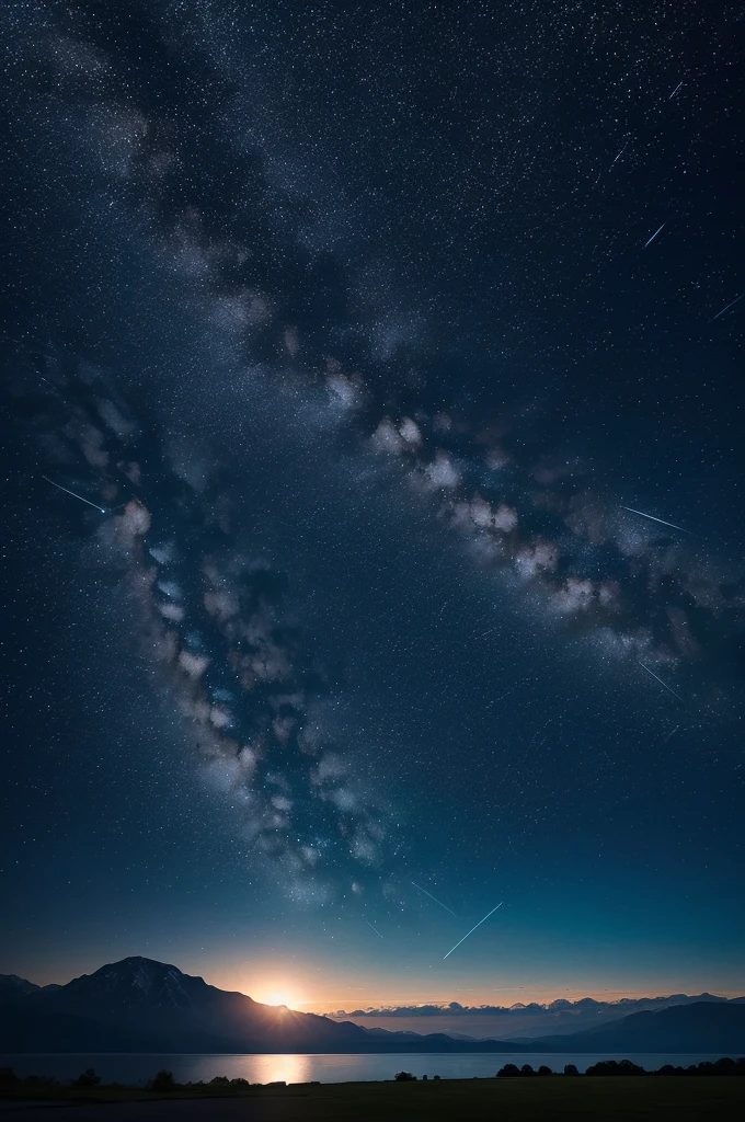 Expansive Sky: Showcase the vastness of the night sky, allowing the stars and shooting stars to occupy a significant portion of the composition., Dynamic Shooting Stars: Capture the movement and energy of the shooting stars as they streak across the sky, creating a sense of motion and wonder., Serene Landscape: Consider adding a tranquil landscape, such as distant mountains or a calm body of water, to enhance the sense of peace and serenity.