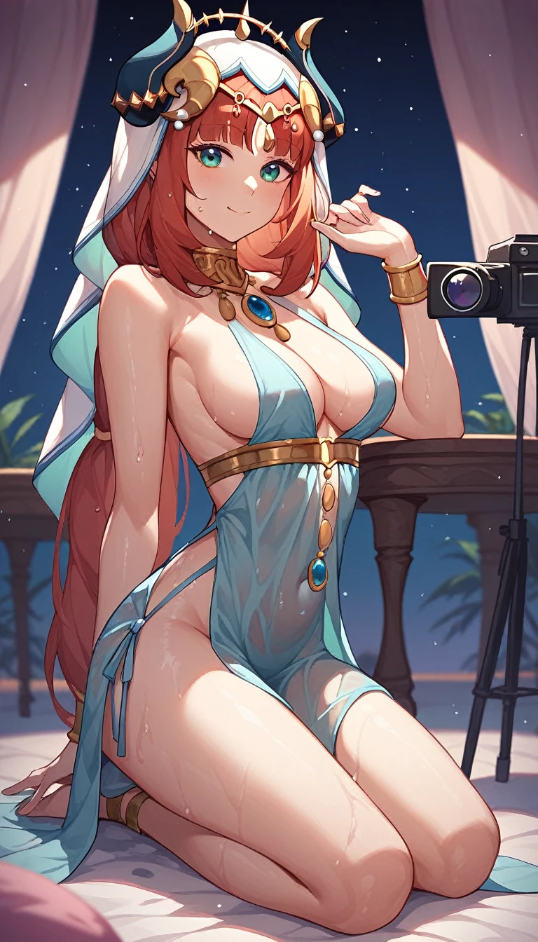 nilou, night gown, wet body, cleavage, kneeling seffie looking at camera, bare thighs, background is a disco club, side boob, medium breasts