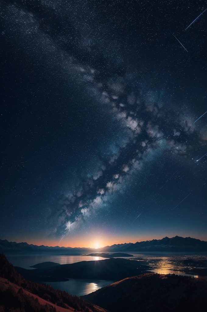 Expansive Sky: Showcase the vastness of the night sky, allowing the stars and shooting stars to occupy a significant portion of the composition., Dynamic Shooting Stars: Capture the movement and energy of the shooting stars as they streak across the sky, creating a sense of motion and wonder., Serene Landscape: Consider adding a tranquil landscape, such as distant mountains or a calm body of water, to enhance the sense of peace and serenity.  