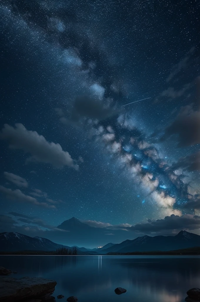 Expansive Sky: Showcase the vastness of the night sky, allowing the stars and shooting stars to occupy a significant portion of the composition., Dynamic Shooting Stars: Capture the movement and energy of the shooting stars as they streak across the sky, creating a sense of motion and wonder., Serene Landscape: Consider adding a tranquil landscape, such as distant mountains or a calm body of water, to enhance the sense of peace and serenity.  