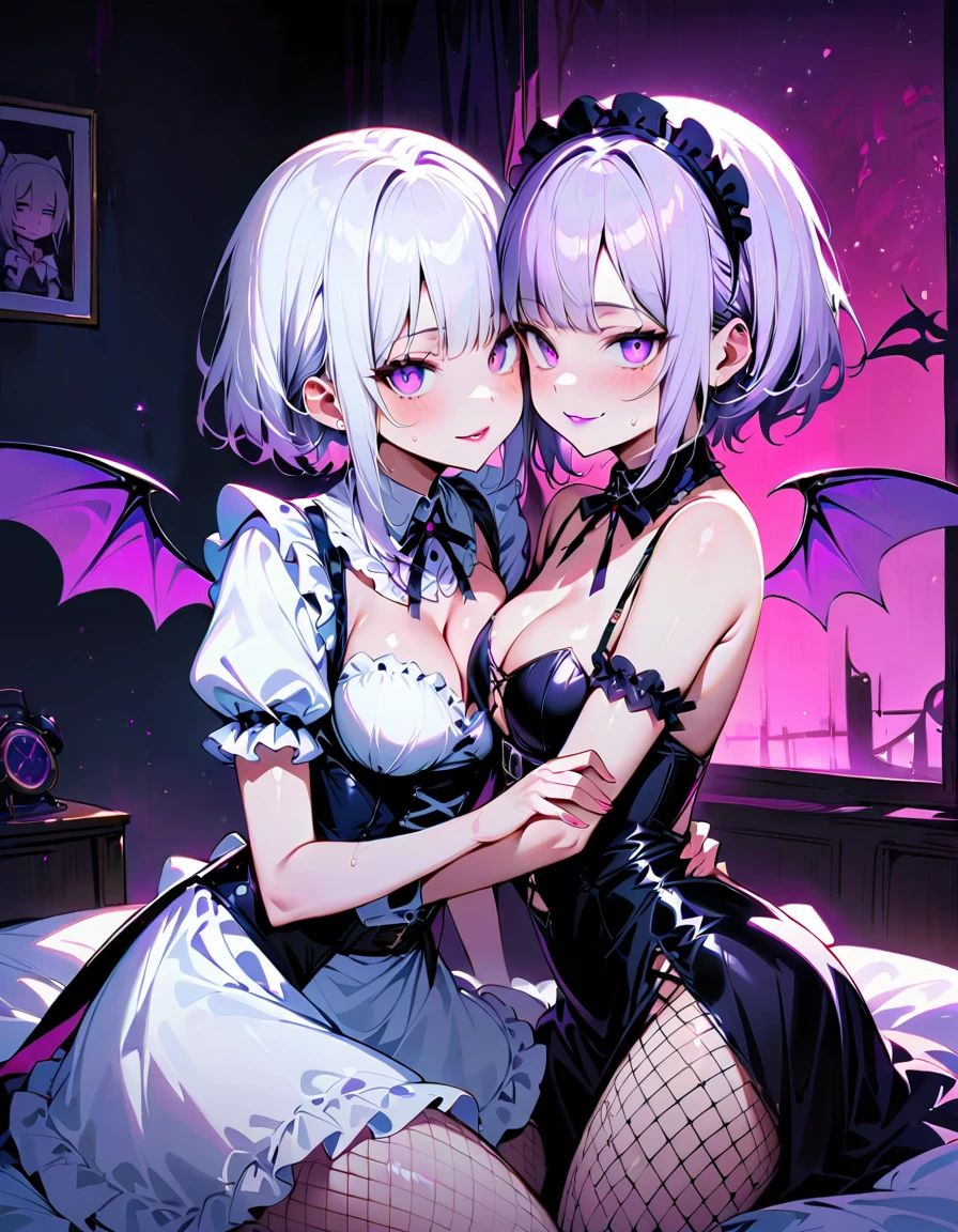 (((Remilia Scarlet)))　(((Blue Hair　Short Hair　Red eyes　Adult Woman)))，((night　full moon　My own big wings))，(Purple light)，　A tense look　Shining Background　Shining Edge